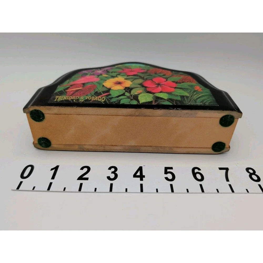 Vtg Black Lacquer Napkin Letter Holder Tropical Hibiscus Toucan Macaw Bascombe